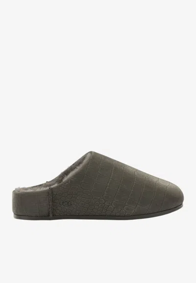 Ugg Crocodile-embossed Suede Slippers In Gray