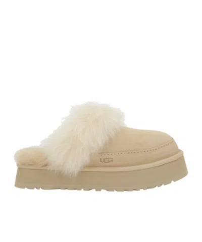 Ugg Disquette Beige Mule With Fur And Logo On Back In Suede Woman In Brown