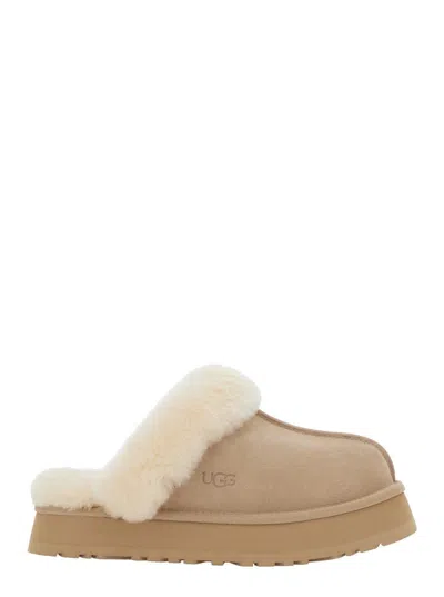 UGG 'DISQUETTE' BEIGE MULE WITH FUR AND LOGO ON BACK IN SUEDE WOMAN