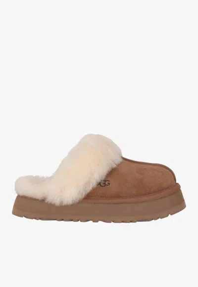 Ugg Disquette Shearling Flatform Slippers In Brown