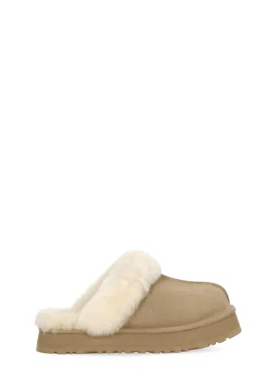 Ugg Disquette Beige Mule With Fur And Logo On Back In Suede Woman In Brown