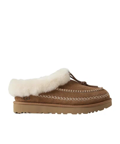 Ugg Embroidered Shearling Slippers In Brown