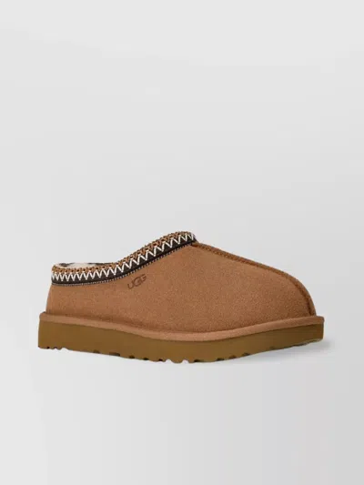 Ugg Embroidered Trim Flat Sole Slides In Brown