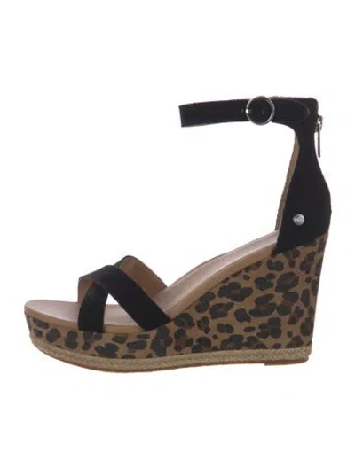 Pre-owned Ugg Ezrah Leopard Suede Espadrilles In Black
