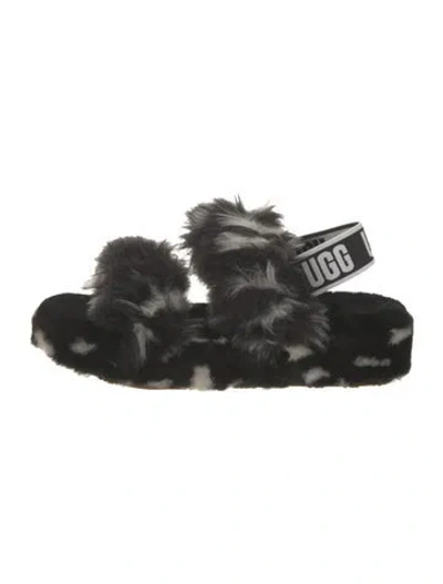 Pre-owned Ugg Faux Fur Animal Print Slides In Black