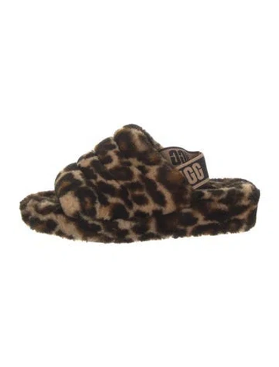 Pre-owned Ugg Faux Fur Animal Print Slides In Black/brown