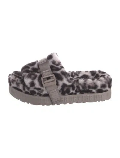 Pre-owned Ugg Faux Fur Animal Print Slides In Black/purple