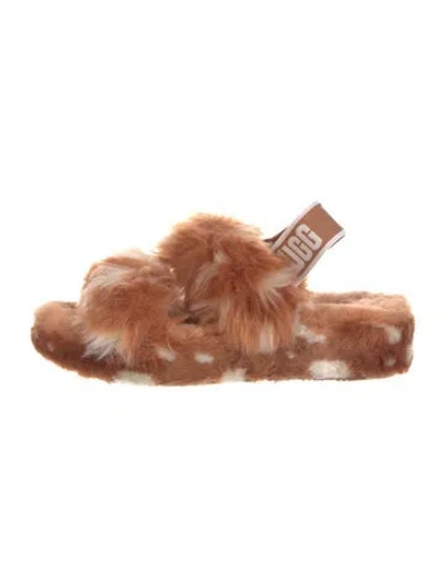 Pre-owned Ugg Faux Fur Animal Print Slides In Brown