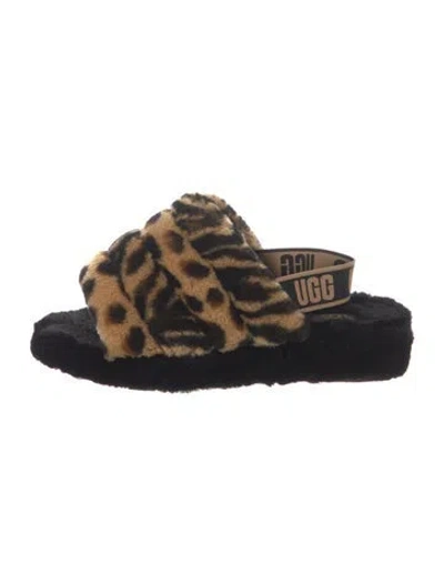 Pre-owned Ugg Faux Fur Animal Print Slides In Brown
