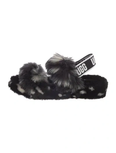 Pre-owned Ugg Faux Fur Animal Print Slingback Sandals In Black