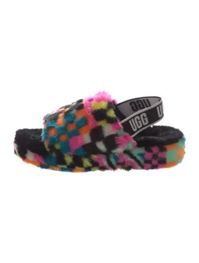 Pre-owned Ugg Faux Fur Colorblock Pattern Slides In Pink