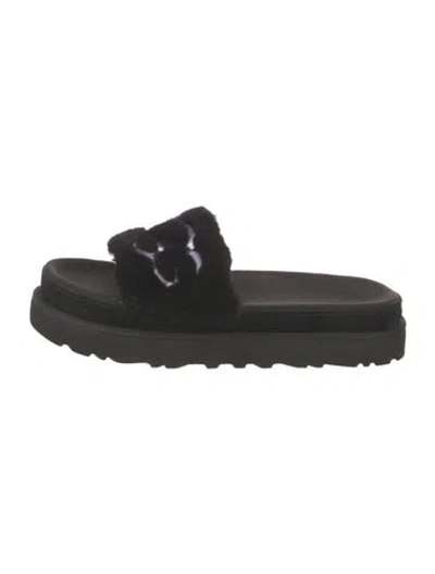 Pre-owned Ugg Faux Fur Embroidered Accent Slides In Black