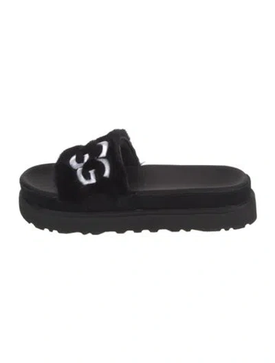 Pre-owned Ugg Faux Fur Embroidered Accent Slides In Black