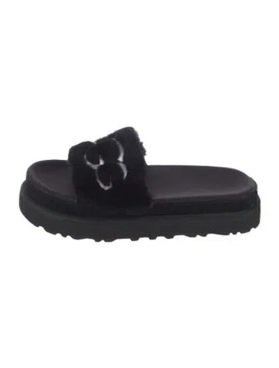 Pre-owned Ugg Faux Fur Embroidered Accent Slides In Black