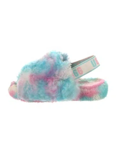 Pre-owned Ugg Faux Fur Floral Print Sandals In Blue