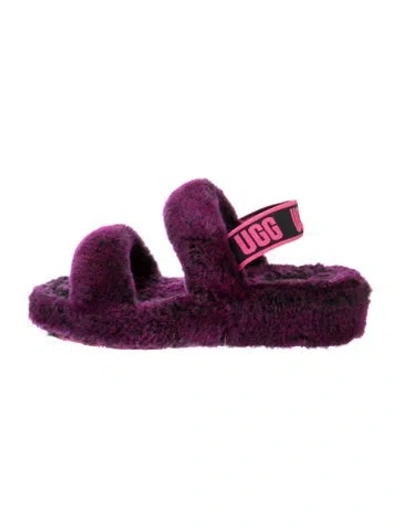 Pre-owned Ugg Faux Fur Graphic Print Slingback Sandals In Purple