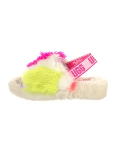 Pre-owned Ugg Faux Fur Patterned Slingback Sandals In White