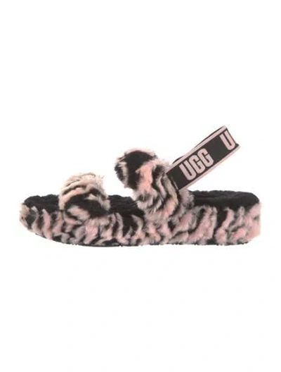 Pre-owned Ugg Faux Fur Printed Slingback Sandals In Pink