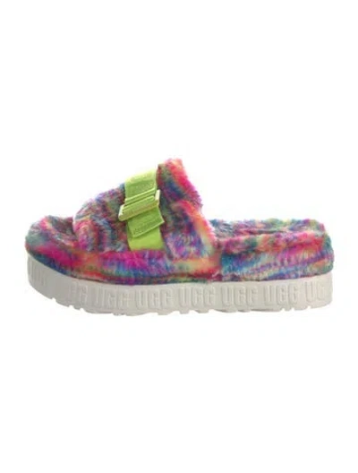 Pre-owned Ugg Faux Fur Tie-dye Print Slides In Blue/green/pink