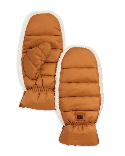 Ugg Fluff Faux Fur Trim Mittens In Chestnut