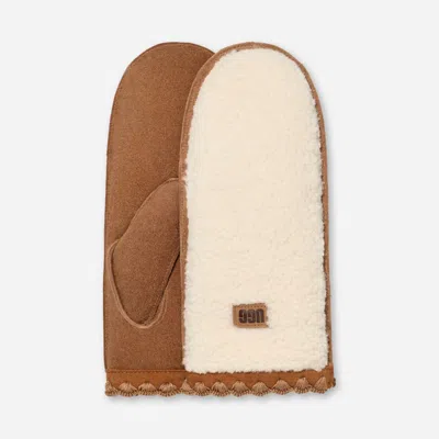 Ugg ®fluff Scalloped Mitten Leather/fleece In Nimbus In Brown