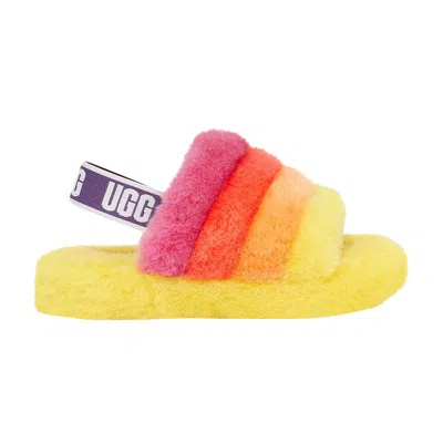 Pre-owned Ugg Fluff Yeah Slide Kids 'yellow Rainbow' | Multi-color | Kid's Size 6 In Multicolor