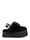 Ugg Platform Strap Mules In Black Leather With Faux Fur Trim In Black
