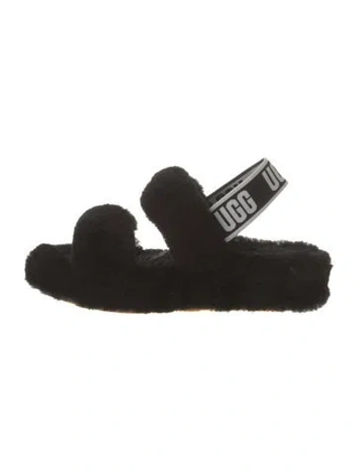 Pre-owned Ugg Fur Graphic Print Slingback Flats In Black