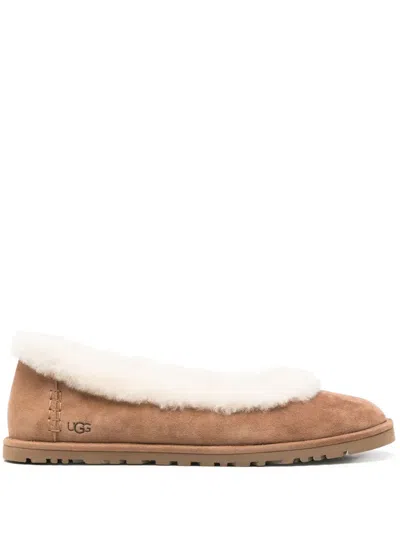 Ugg Fur Trim Flat Shoes In Brown