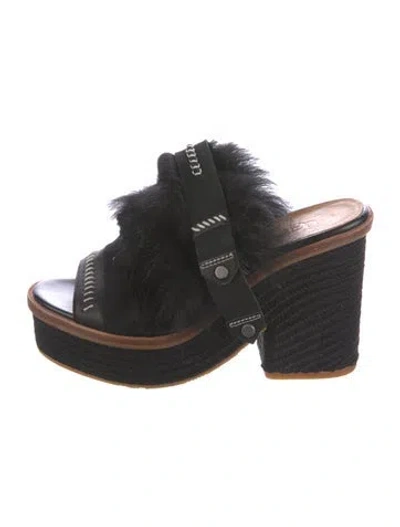 Pre-owned Ugg Fur Whipstitch Trim Slides In Black