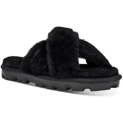 Ugg Fuzzette Womens Criss-cross Front Shearling Slide Sandals In Black