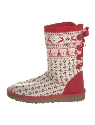 Pre-owned Ugg Graphic Print Bow Accents Boots In Red