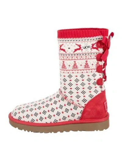 Pre-owned Ugg Graphic Print Bow Accents Boots In Red