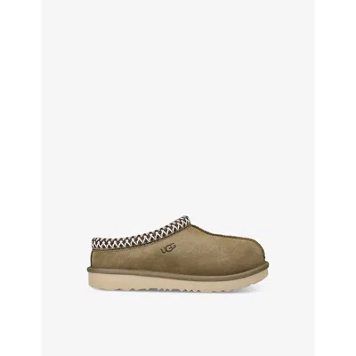 UGG DARK GREEN KIDS' TASMAN II BRAIDED-TRIM SUEDE AND SHEARLING SLIPPERS EUR 31 / 12.5 UK