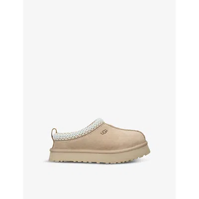 UGG BEIGE KIDS' TAZZ BRAIDED-TRIM SUEDE AND SHEARLING SLIPPERS EUR 35 / 2.5 UK