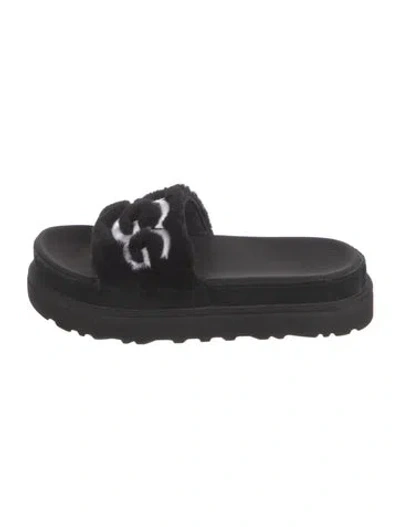 Pre-owned Ugg Lamb Fur Graphic Print Slides In Black