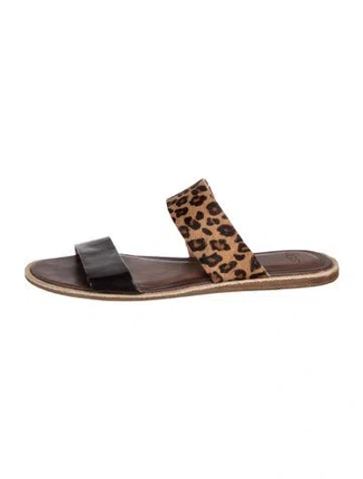 Pre-owned Ugg Leather Animal Print Slides In Brown