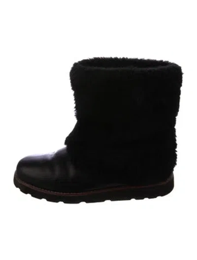 Pre-owned Ugg Leather Faux Fur Trim Boots In Black