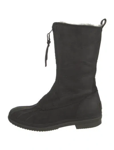 Pre-owned Ugg Leather Faux Fur Trim Boots In Black