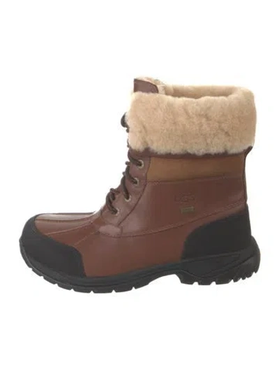 Pre-owned Ugg Leather Faux Fur Trim Boots In Black/brown