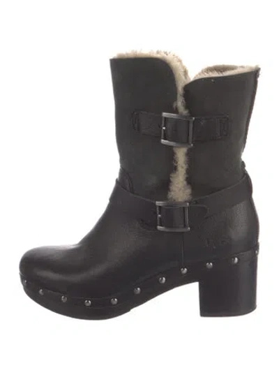 Pre-owned Ugg Leather Faux Fur Trim Moto Boots In Black