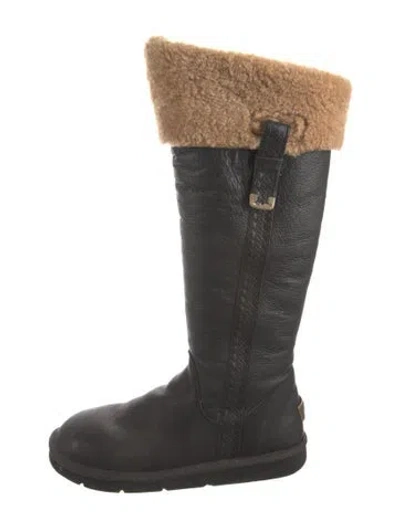 Pre-owned Ugg Leather Fur Trim Boots In Black