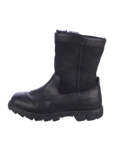 Pre-owned Ugg Leather Fur Trim Boots In Black