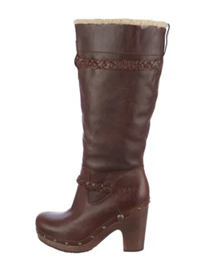 Pre-owned Ugg Leather Fur Trim Boots In Brown