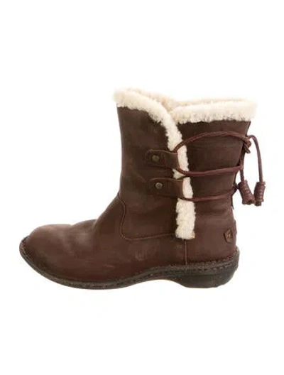 Pre-owned Ugg Leather Fur Trim Boots In Brown