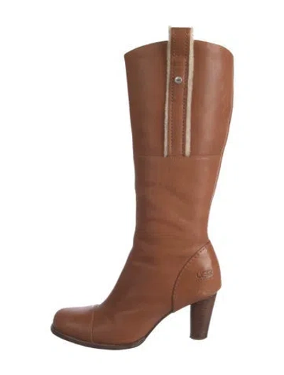 Pre-owned Ugg Leather Fur Trim Boots In Brown