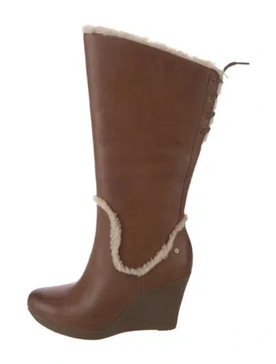 Pre-owned Ugg Leather Fur Trim Boots In Brown
