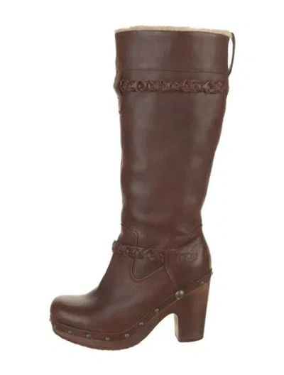Pre-owned Ugg Leather Fur Trim Boots In Brown