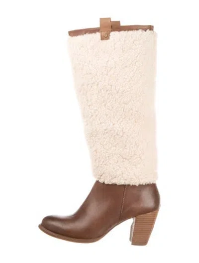 Pre-owned Ugg Leather Fur Trim Boots In Brown
