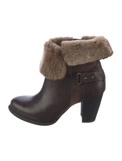 Pre-owned Ugg Leather Fur Trim Boots In Brown